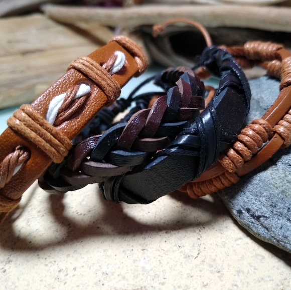 Leather Jewelry - Set 4 Real Leather Adjustable Bracelets